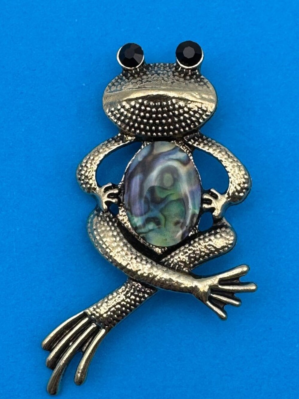 Frog Brooch Pin Iridescent Abalone Stone Body Black Eyes Gold Tone Costume